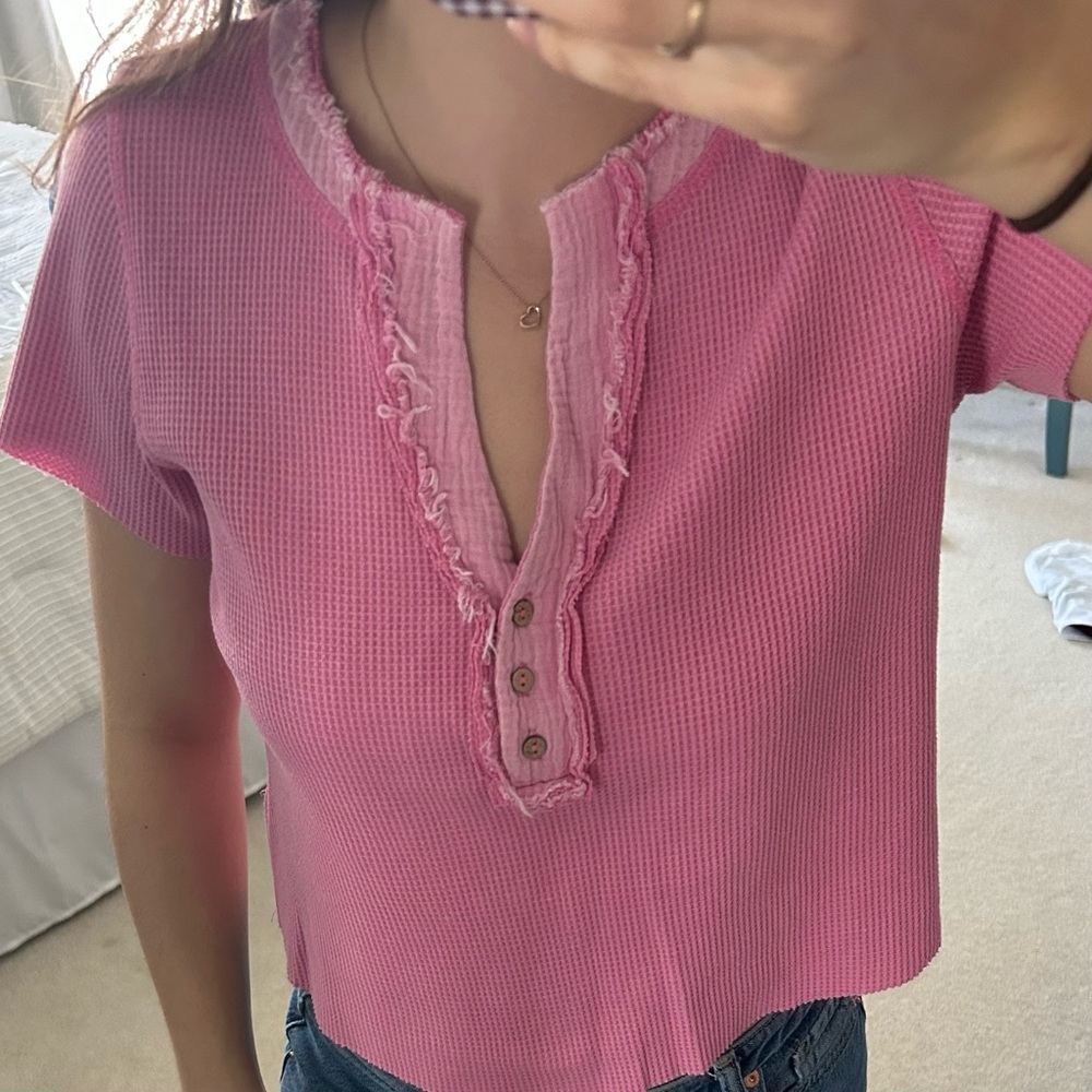 Promesa Pink Waffle Henley Crop Top